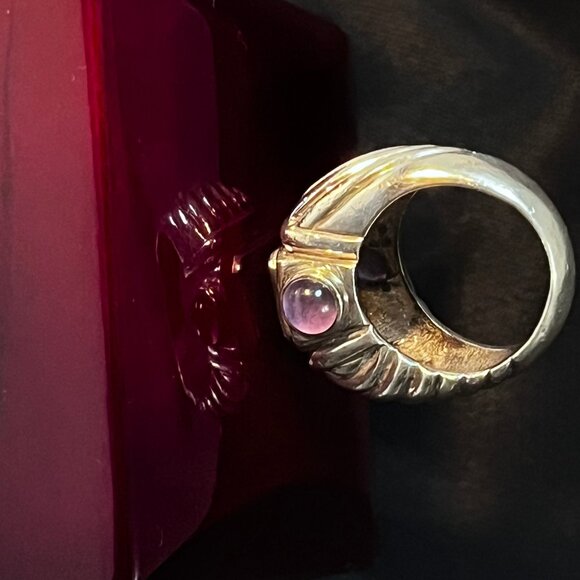 Vintage RING Sky Blue Topaz 4 ct 10mm Emerald Cut Gemstone and Amethyst Cabochon - Picture 2 of 9